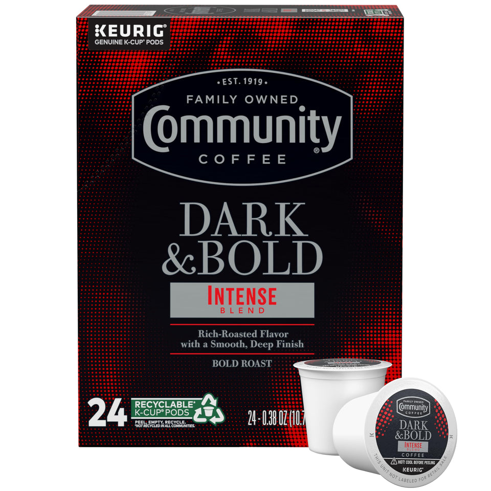 Community Coffee Dark & Bold Intense Blend pods ready for daily brew.