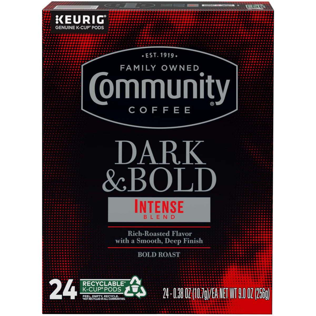 Community Coffee Dark & Bold Intense Brewed cup showcasing full-bodied taste.