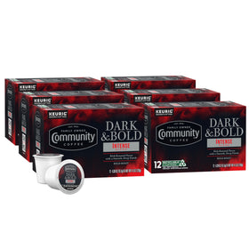 Community Coffee Dark & Bold Intense Blend pods arranged for quick morning brew