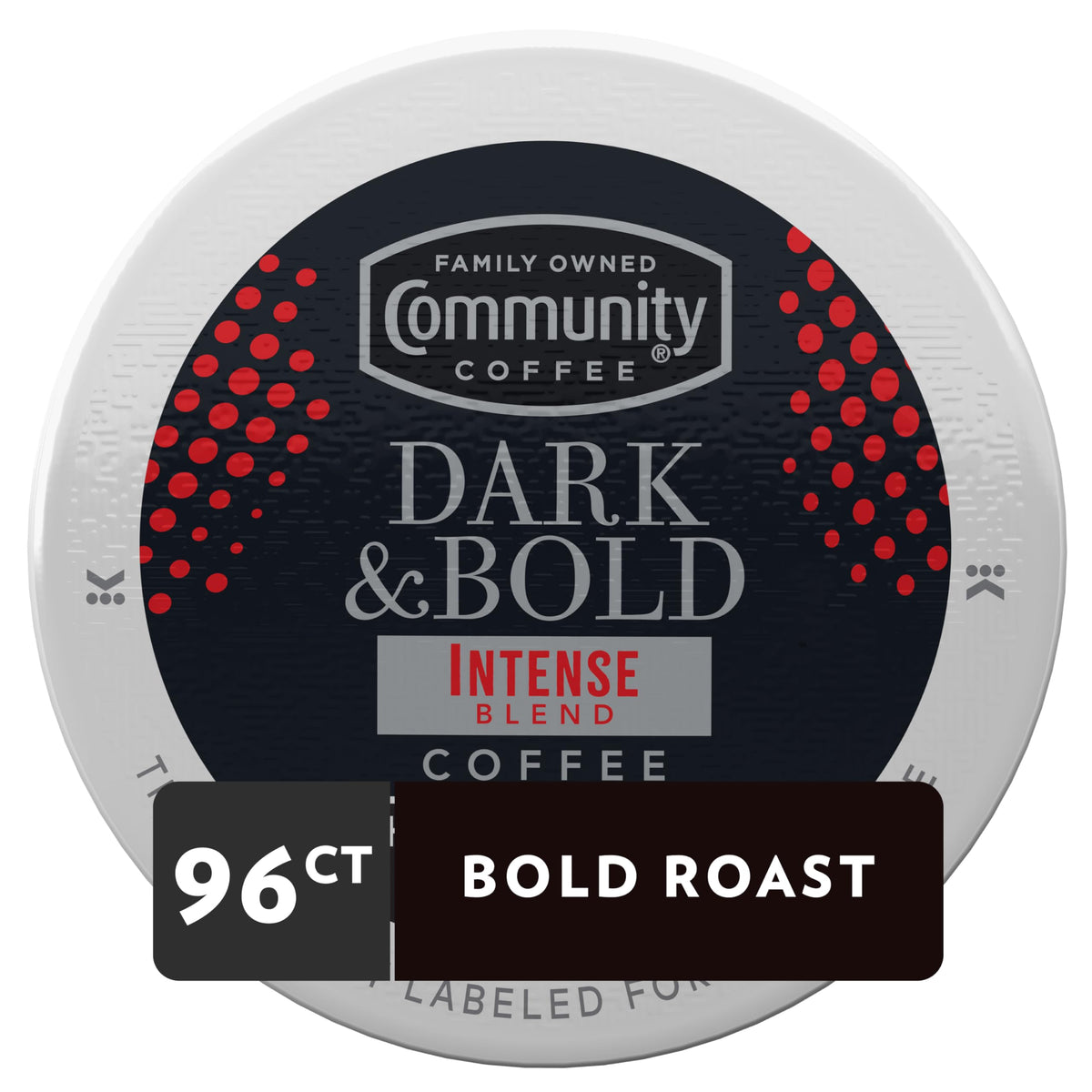 Community Coffee Dark & Bold Intense Pods closeup with rich roast.