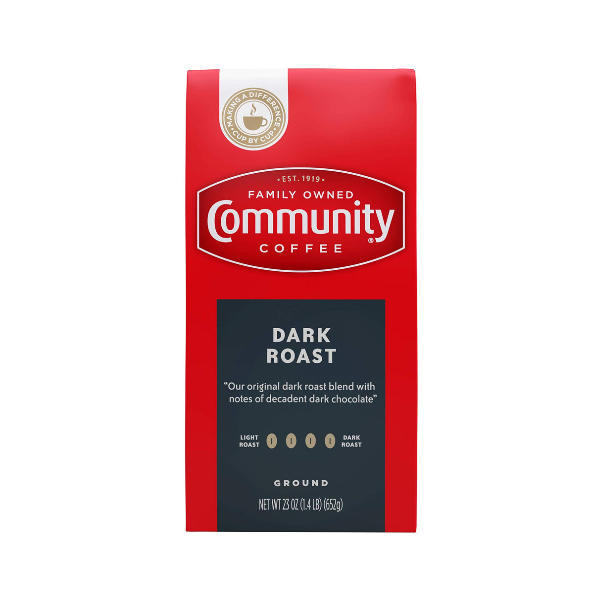 Community Coffee dark roast brick sealed for lasting freshness.