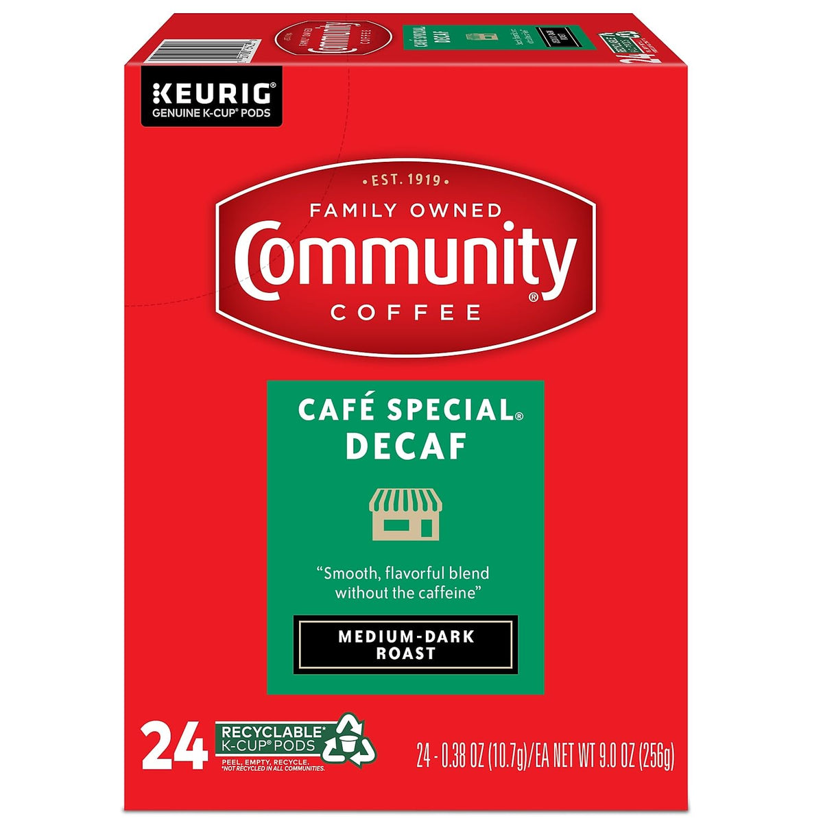 A mug of Community Coffee Cafe Special Decaf medium-dark roast, rich and smooth.