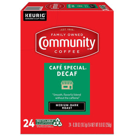 A mug of Community Coffee Cafe Special Decaf medium-dark roast, rich and smooth.