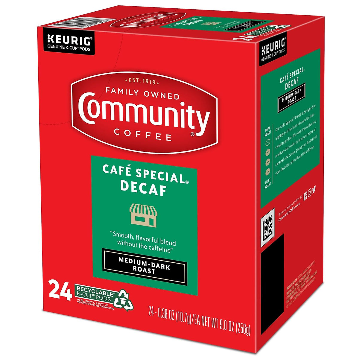 Close-up of decaf pods in box ready for daily use.