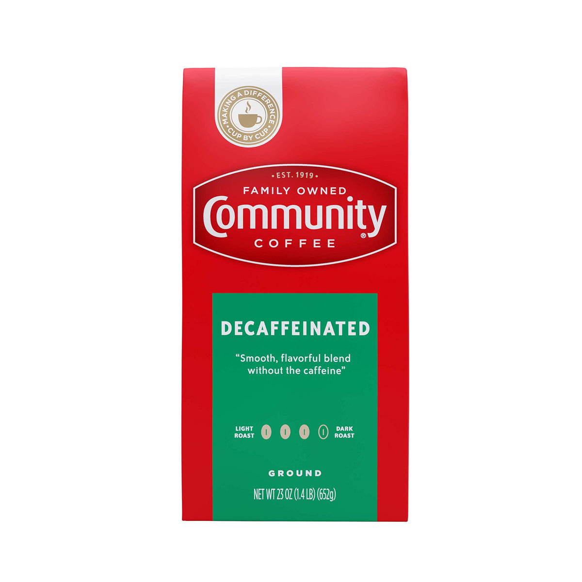 Community Coffee decaffeinated medium-dark roast 23oz bag front with rich aroma