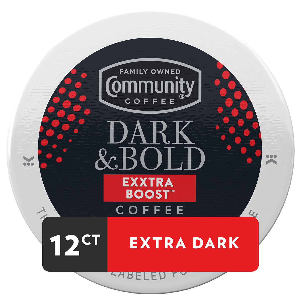 Close-up of Community Coffee Exxtra Boost beans highlighting bold aroma and flavor potential.