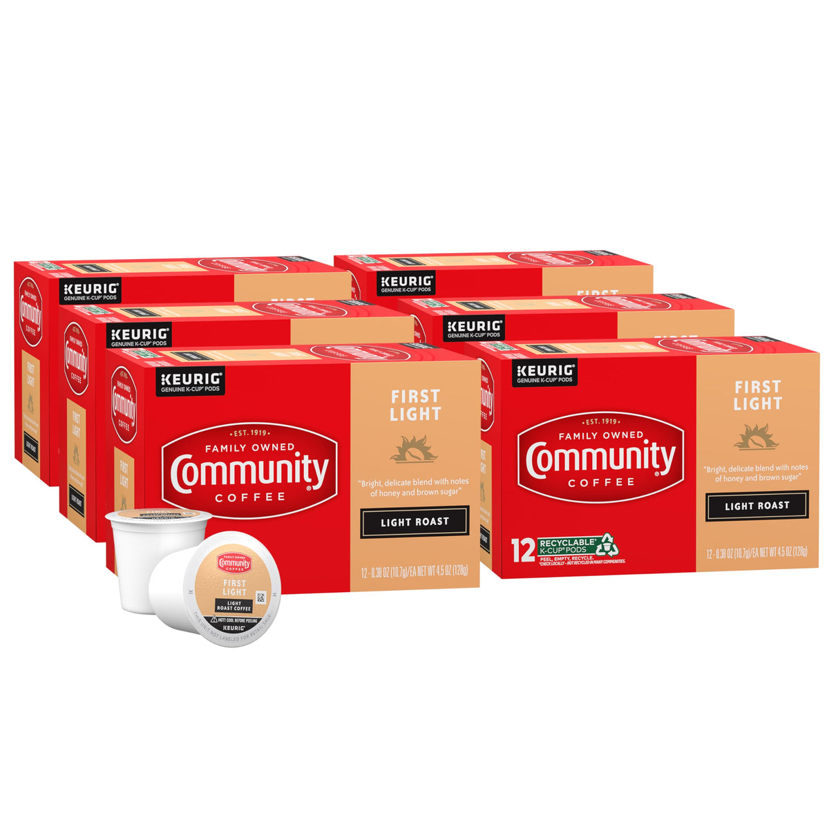 Community Coffee First Light box front shows bright packaging for quick mornings.