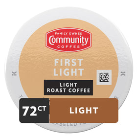 Community Coffee First Light K-Cup pack ready for reliable Keurig brewing.