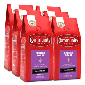 Community Coffee French Roast 72 oz pack6, bold smoky aroma for rich drip coffee.