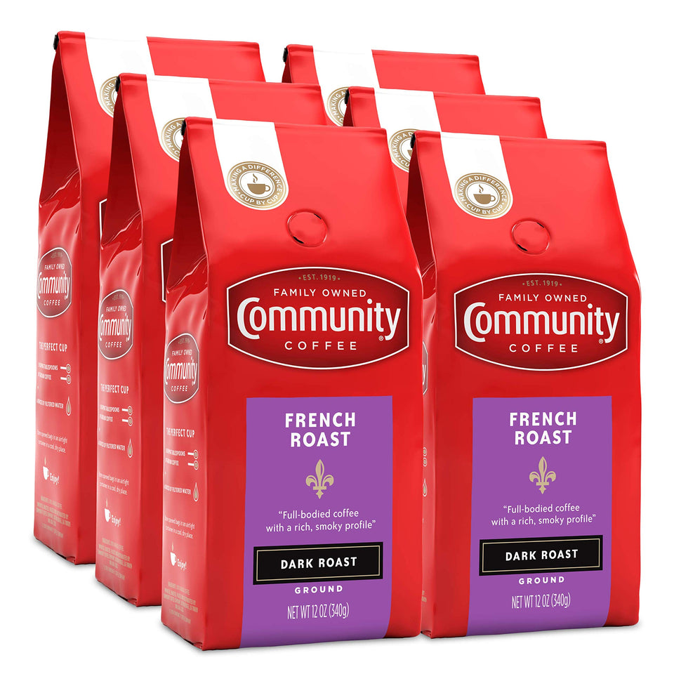 Community Coffee French Roast 72 oz pack6, bold smoky aroma for rich drip coffee.