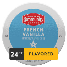 French Vanilla Community Coffee mug setup showcasing easy brewing and aroma.