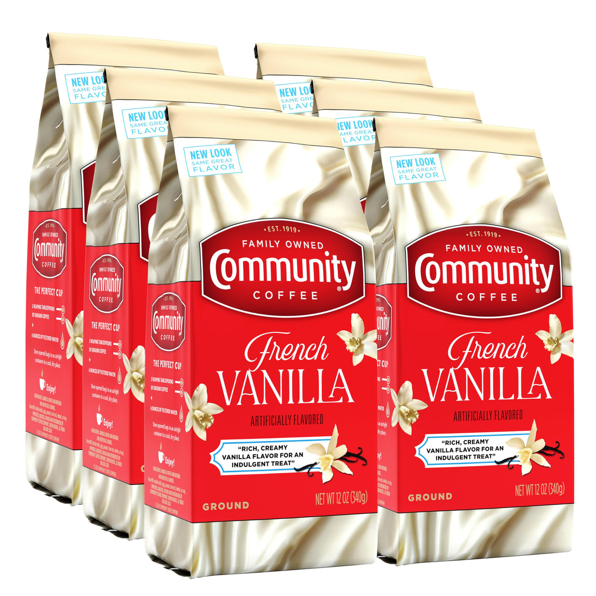 Community Coffee French Vanilla ground coffee pack shows premium Arabica beans for rich flavor.