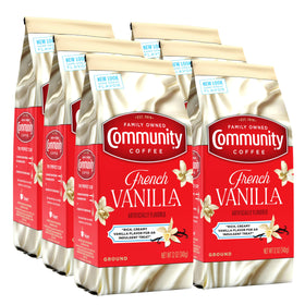 Community Coffee French Vanilla ground coffee pack shows premium Arabica beans for rich flavor.