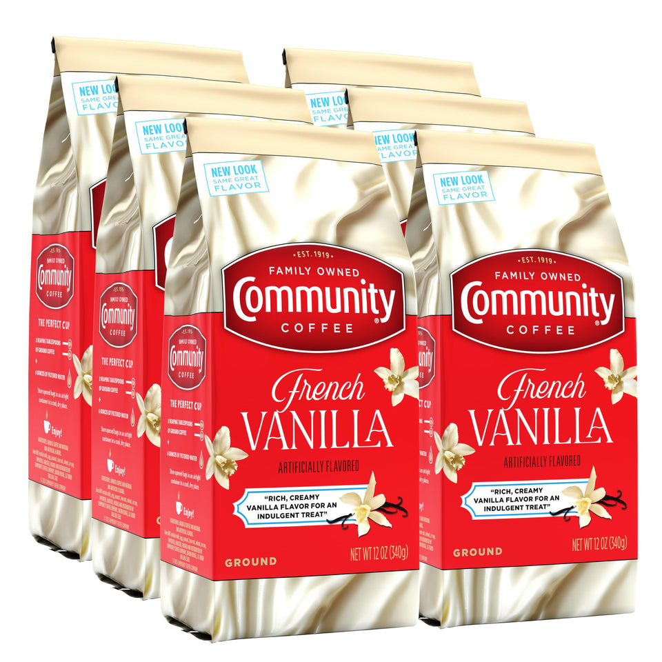 Community Coffee French Vanilla ground coffee pack shows premium Arabica beans for rich flavor.