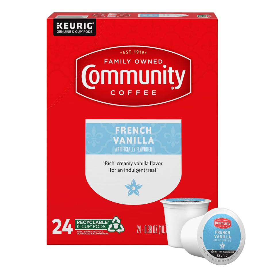 Community Coffee French Vanilla K-Cups pods for quick, creamy mornings.