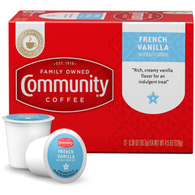 Community Coffee French Vanilla pods in a box, ready to brew
