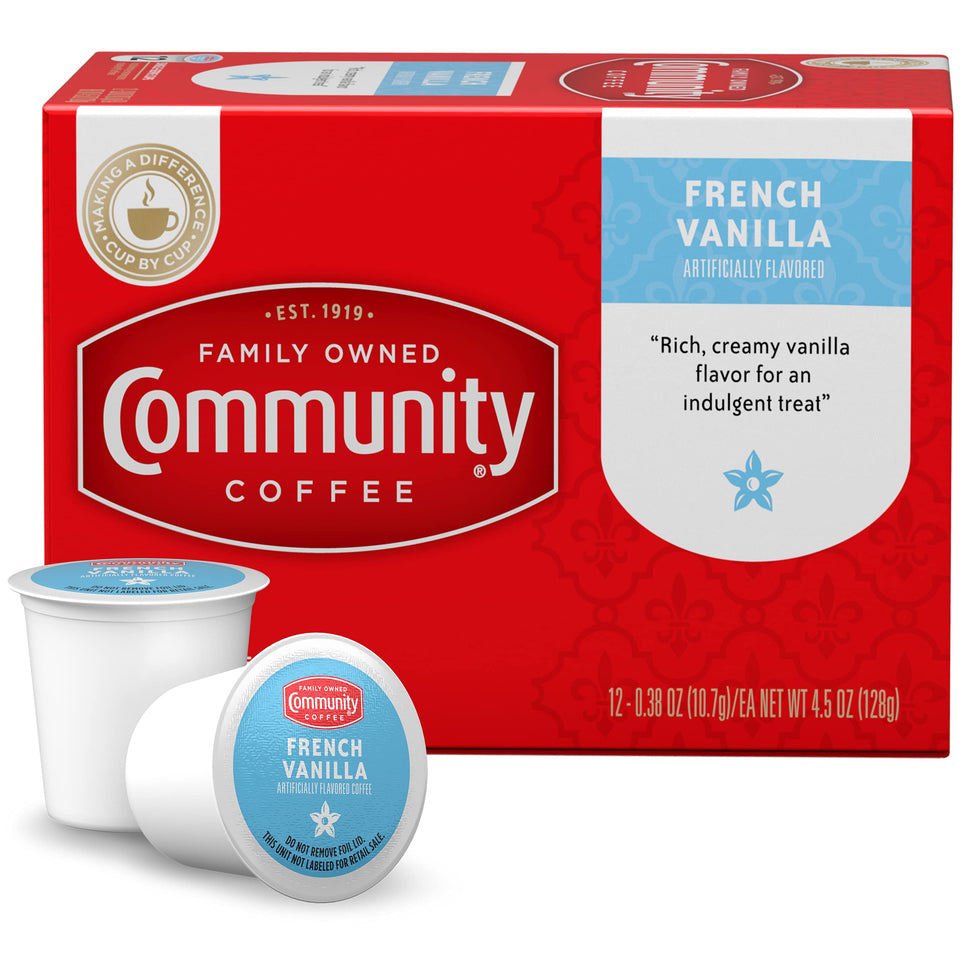 Community Coffee French Vanilla pods in a box, ready to brew