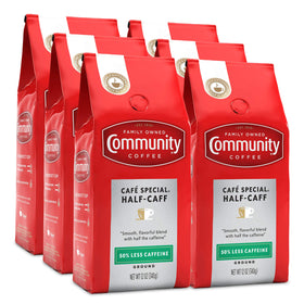Community Coffee Half-Caff ground coffee bags ready for brewing in drip or pour-over.