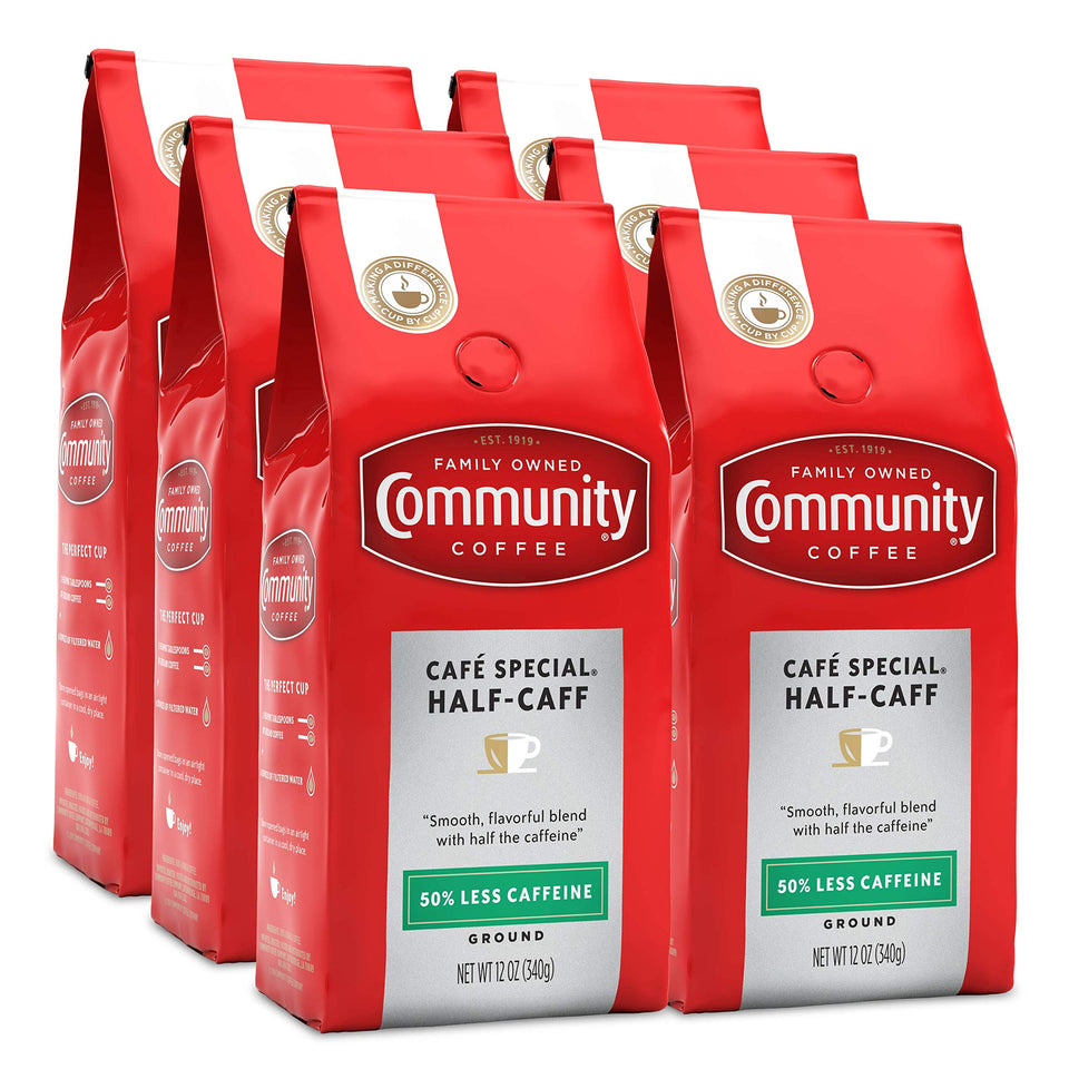 Community Coffee Half-Caff ground coffee bags ready for brewing in drip or pour-over.