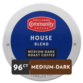 Community Coffee House Blend 96-count pack back with brewing instructions.
