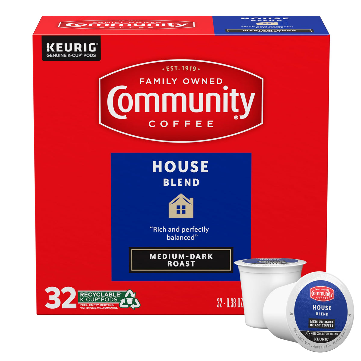 Community Coffee House Blend box with 32 K-Cups for quick mornings.