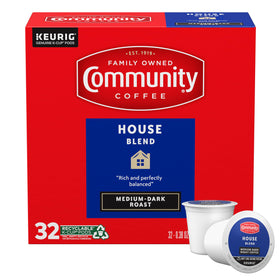 Community Coffee House Blend box with 32 K-Cups for quick mornings.