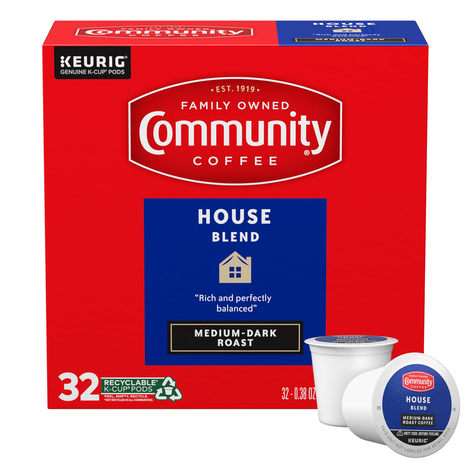 Community Coffee House Blend box with 32 K-Cups for quick mornings.