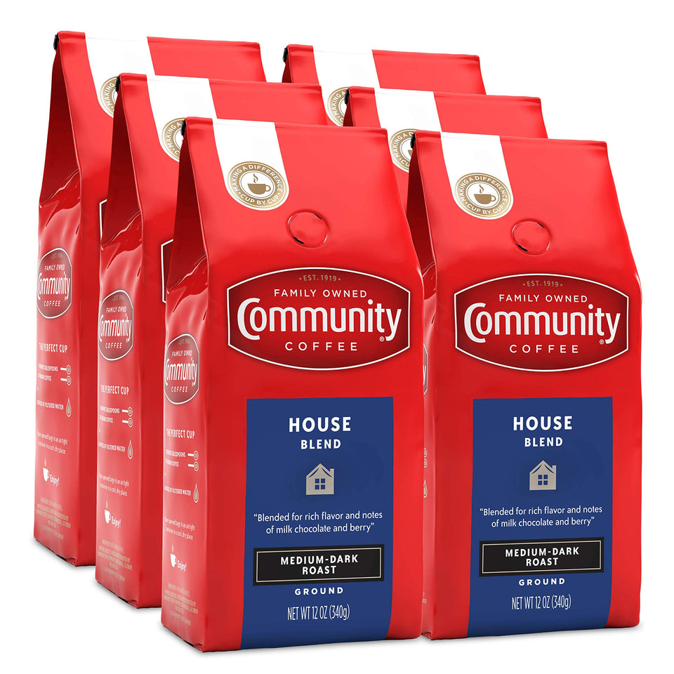 Community Coffee House Blend ground coffee bags ready for drip brewing with balanced flavor.
