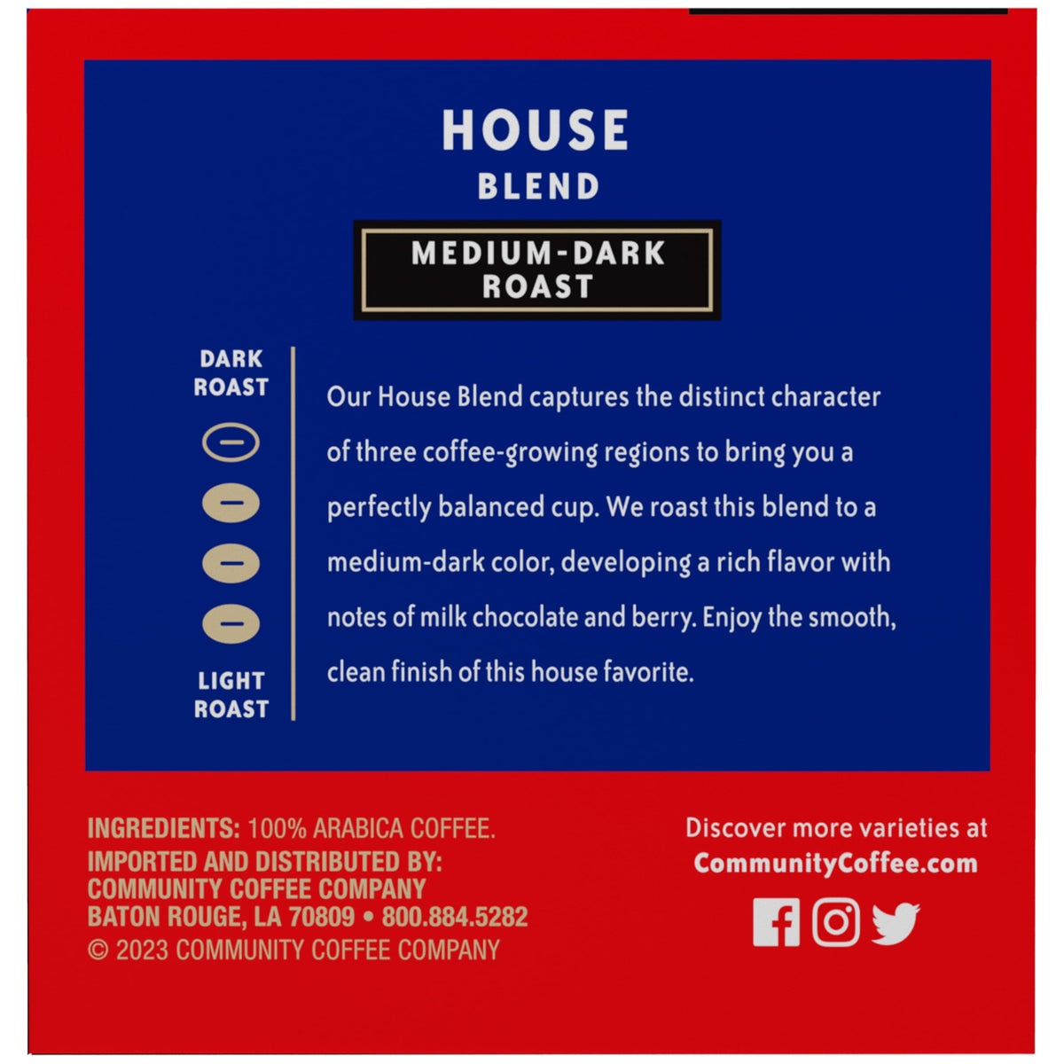 House Blend packaging with Community Coffee 72-count six-pack on kitchen counter