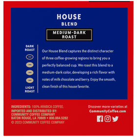 House Blend packaging with Community Coffee 72-count six-pack on kitchen counter