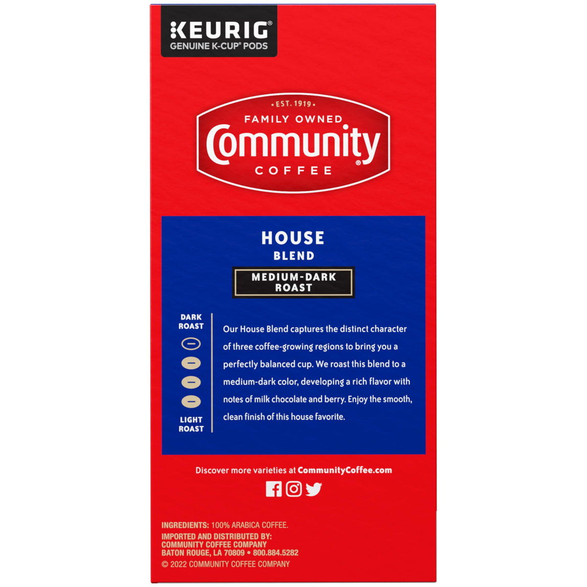 Close-up of Community Coffee packaging reflecting family heritage.