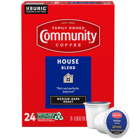 Community Coffee House Blend packaging showing a 24-count pod box for quick mornings