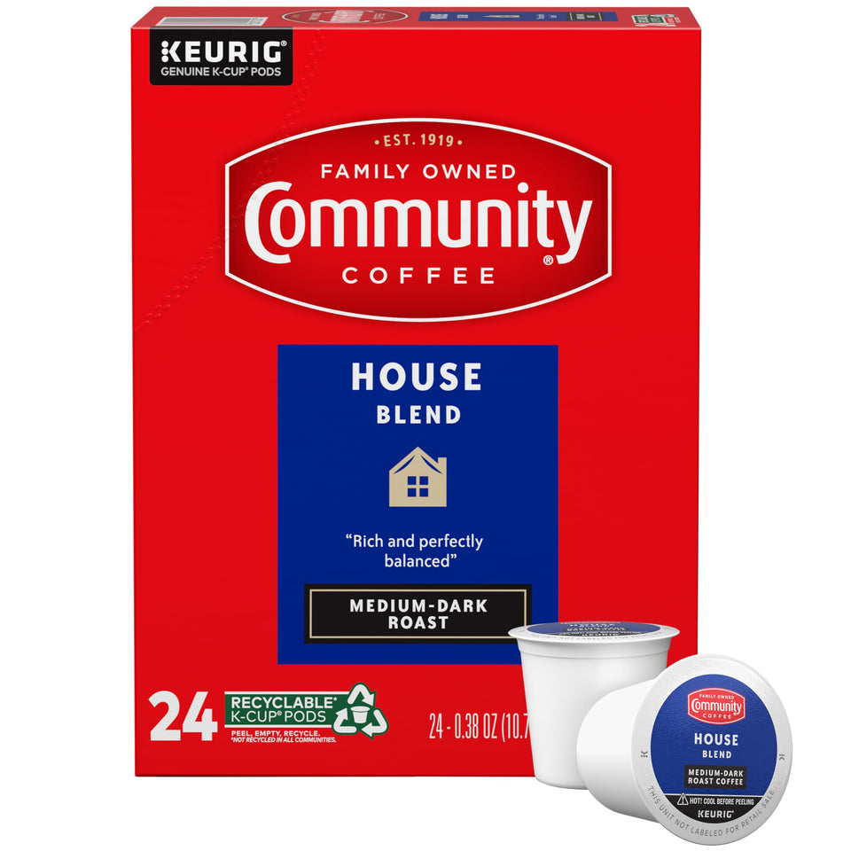 Community Coffee House Blend packaging showing a 24-count pod box for quick mornings