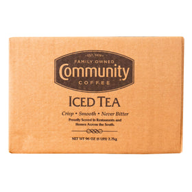 Community Coffee iced tea filter packs on an urn setup, brews 3 gallons with crisp, bright flavor.