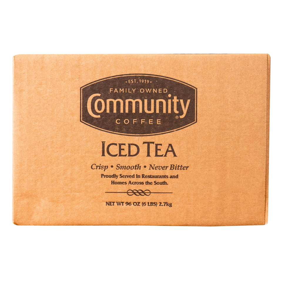 Community Coffee iced tea filter packs on an urn setup, brews 3 gallons with crisp, bright flavor.