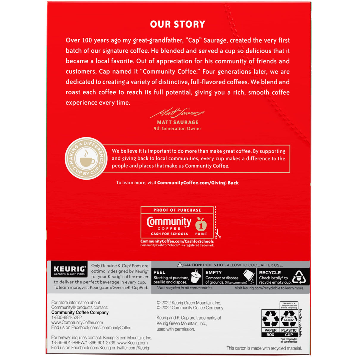 Community Coffee Christmas Blend pod showing Keurig 2.0 compatibility for quick brews.