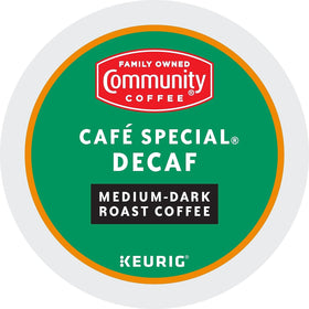 Community Coffee Cafe Special Decaf pods compatible with Keurig 2.0 brewers.