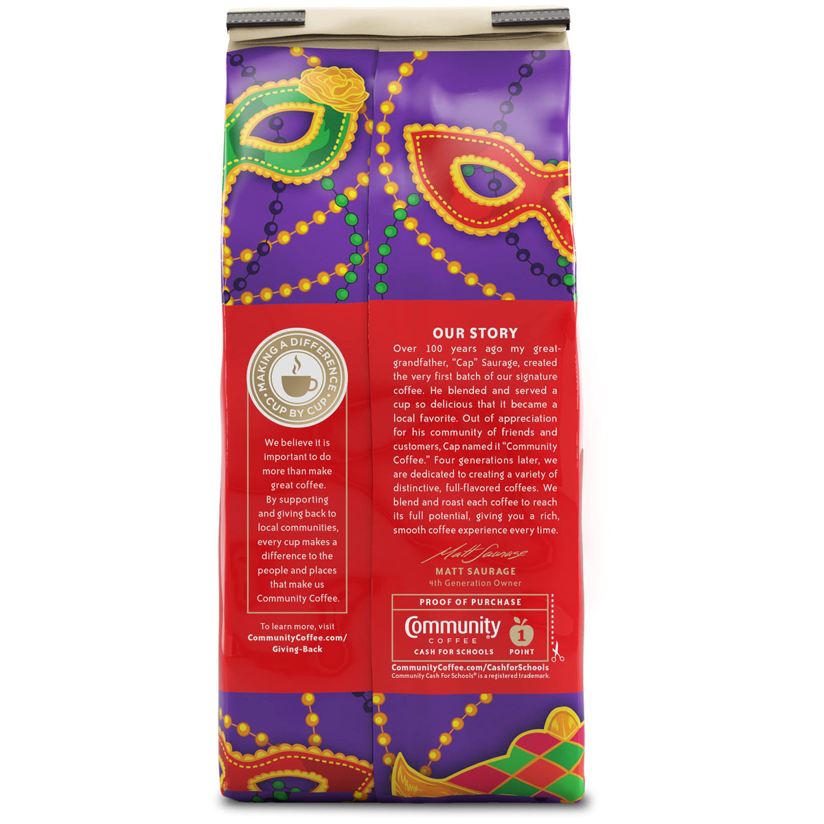 Aroma and flavor essence of Community Coffee Mardi Gras King Cake for a festive morning.