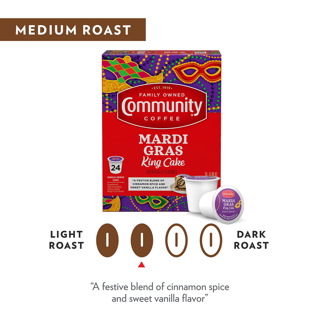 Steaming cup of Community Coffee Mardi Gras King Cake