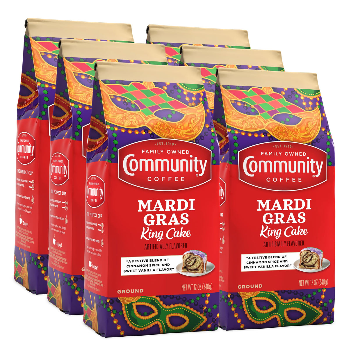 Community Coffee Mardi Gras King Cake ground coffee pack six, ideal for everyday drip brewing.