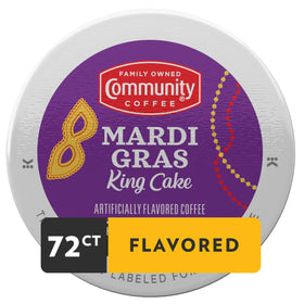 Mardi Gras King Cake box shows six 12-pod packs for bulk convenience.