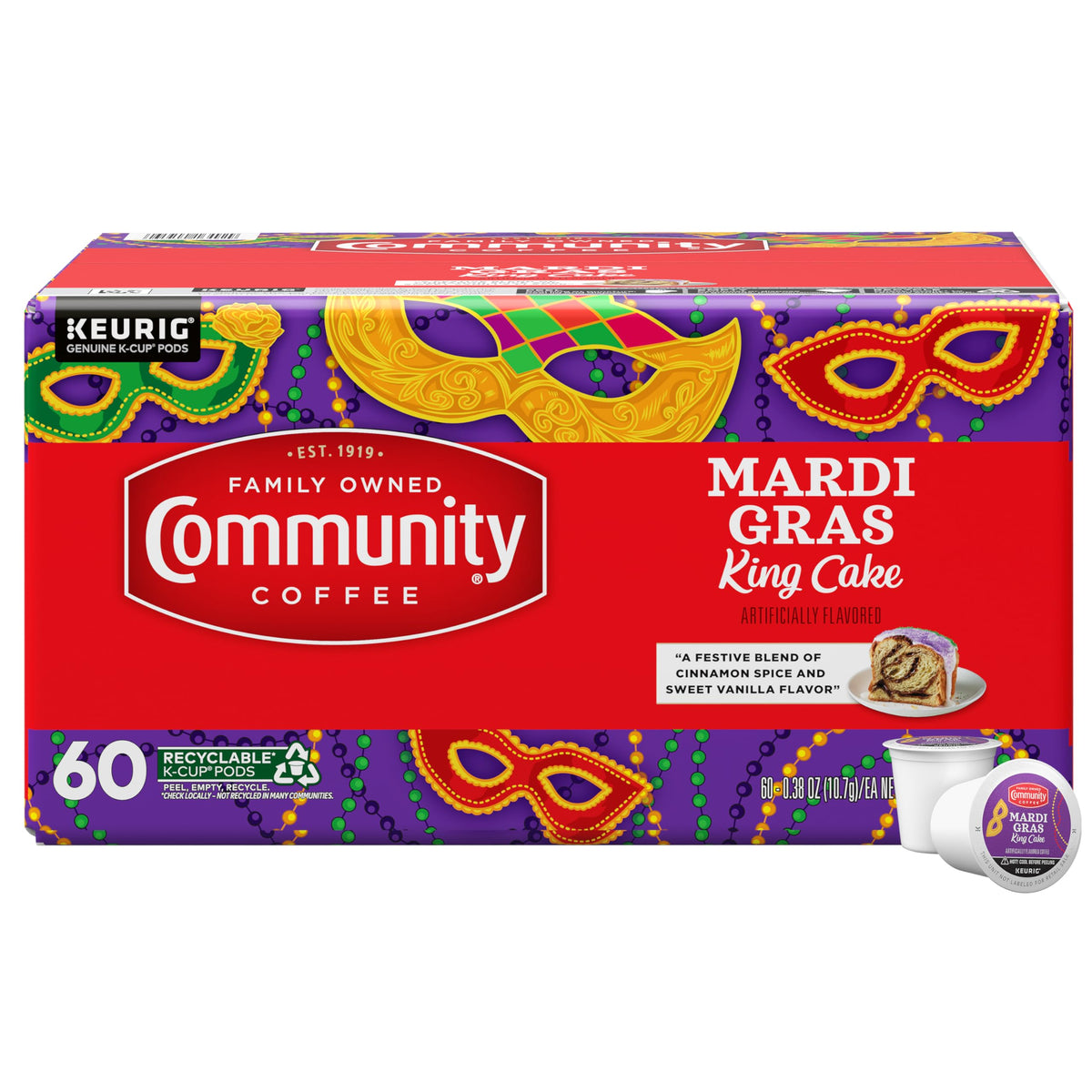 Community Coffee Mardi Gras King Cake pod 60-count box for quick mornings.