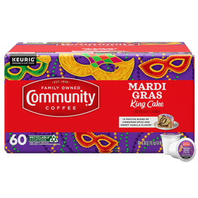 Community Coffee Mardi Gras King Cake pod 60-count box for quick mornings.