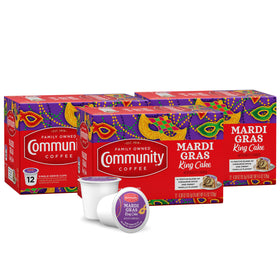 Community Coffee Mardi Gras King Cake pods box ready for use.