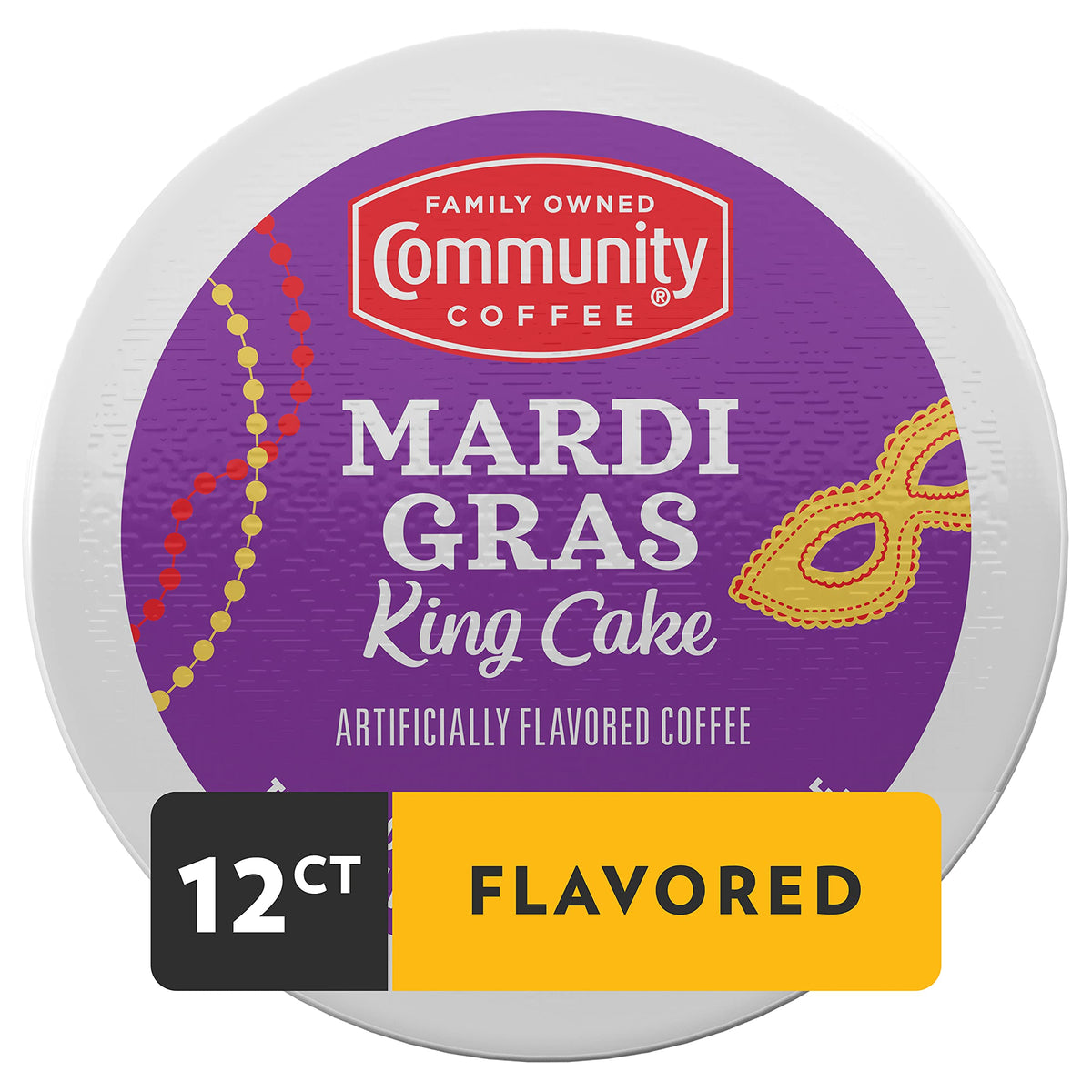 Closeup of Community Coffee Mardi Gras King Cake pods with cinnamon-vanilla notes