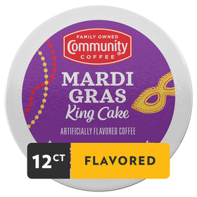Closeup of Community Coffee Mardi Gras King Cake pods with cinnamon-vanilla notes