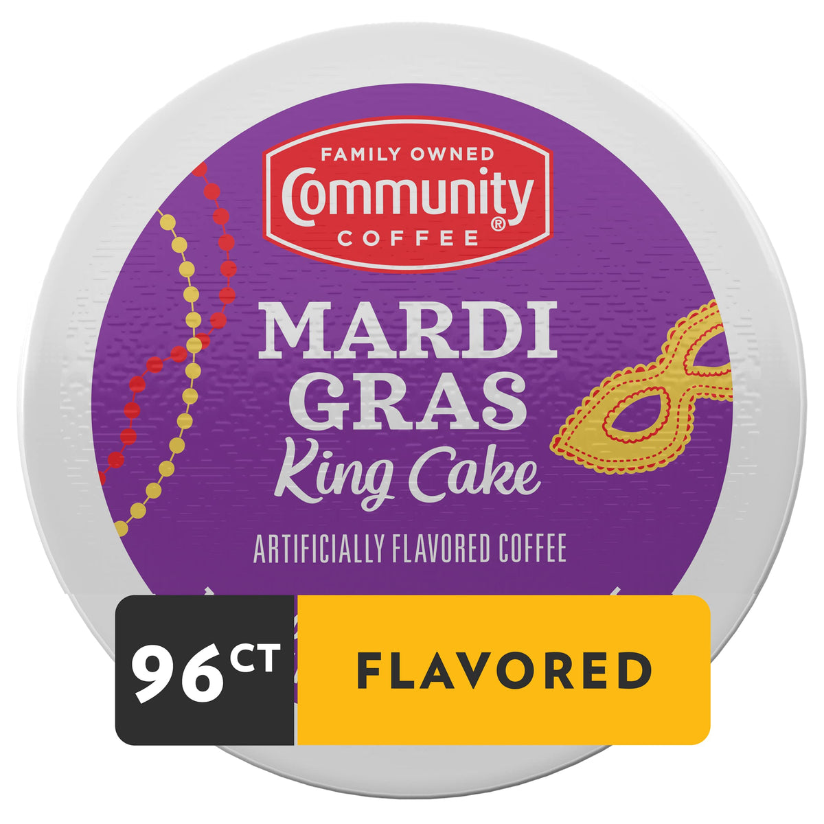 Mardi Gras King Cake pod label highlights cinnamon vanilla flavor.