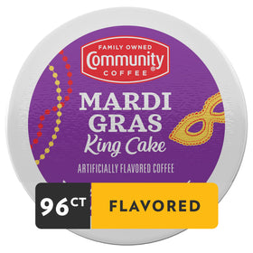 Mardi Gras King Cake pod label highlights cinnamon vanilla flavor.