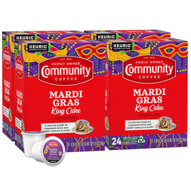 Community Coffee Mardi Gras King Cake pods in box ready for quick mornings.