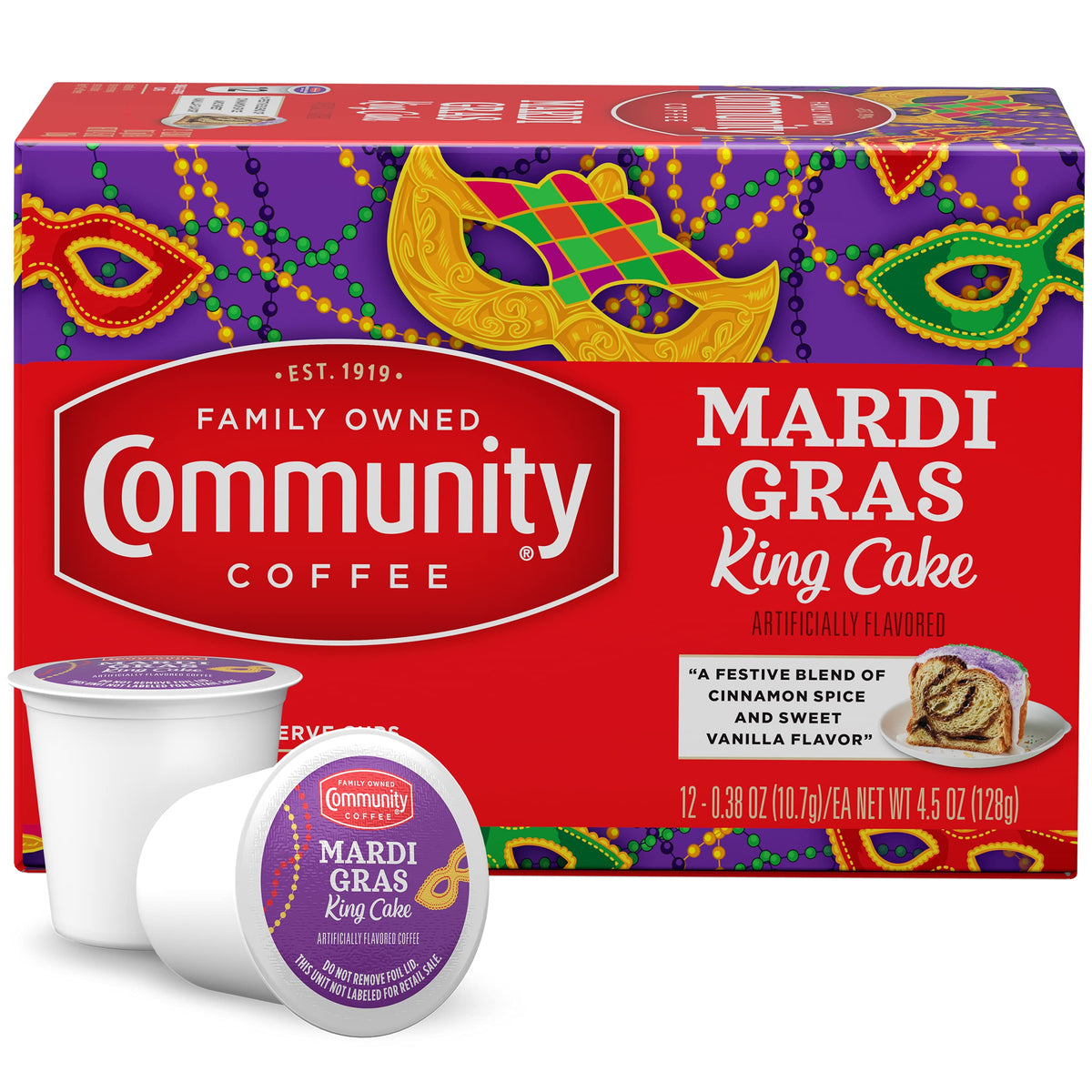 Community Coffee Mardi Gras King Cake pods pack ready for quick Keurig brewing